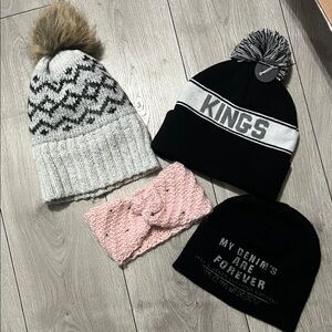 Winter Hat and Headband Set - Black, White, Pink toque bundle